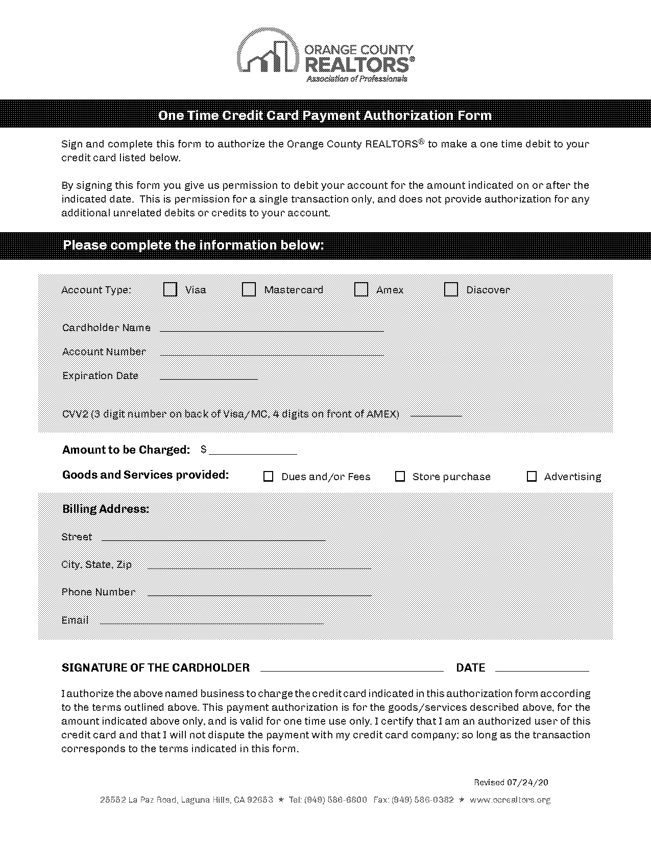 credit card authorization form orange county