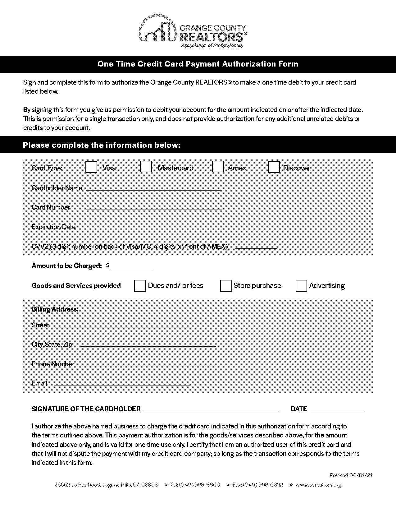 credit card authorization form orange county